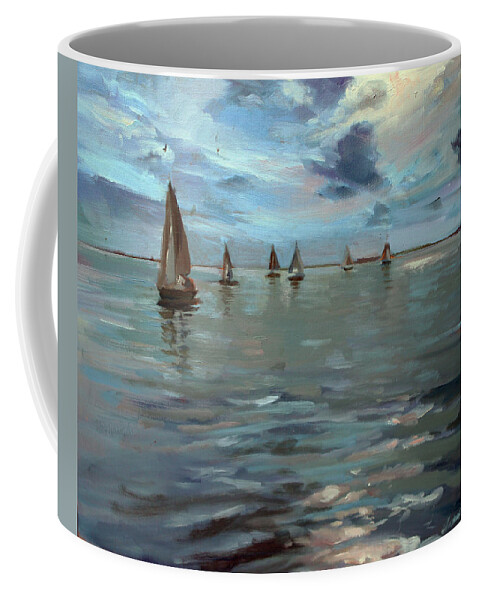 Sailboats Coffee Mug featuring the painting Sailboats on the Chesapeake bay by Susan Bradbury