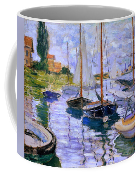 Claude Monet Coffee Mug featuring the painting Sailboats on the Seine at Petit Gennevilliers Claude Monet 1874 by Movie Poster Prints