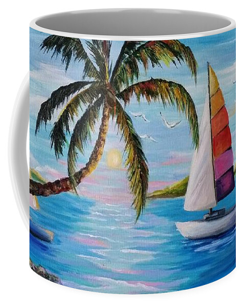 Palm Trees Coffee Mug featuring the painting Sailing at Sunset by Rosie Sherman