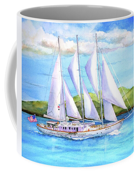 Luxury Yacht Coffee Mug featuring the painting Sailing Yacht British Virgin Islands by Carlin Blahnik CarlinArtWatercolor