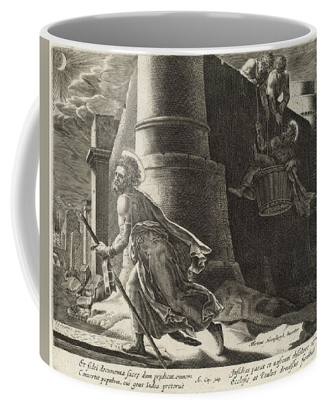 Philip Galle Coffee Mug featuring the drawing Saint Paul Escapes from Damascus by Philip Galle