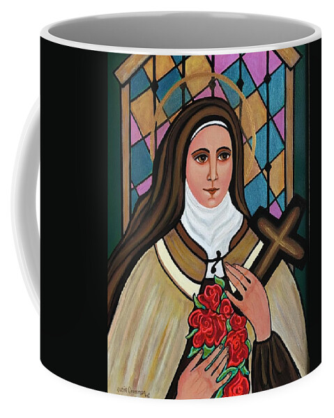 Saint Therese The Little Flower Of Jesus Roses Cross Stained Glass Window Lisieux Coffee Mug featuring the painting Saint Therese of Lisieux by Susie Grossman
