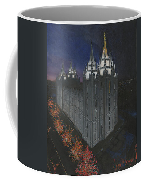 Lds Coffee Mug featuring the painting Salt Lake Temple Christmas by Jeff Brimley