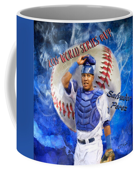 Salvie Coffee Mug featuring the painting Salvador Perez 2015 World Series MVP by Colleen Taylor