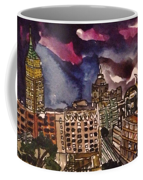 Aceo Coffee Mug featuring the painting San Antonio at Night by Angela Weddle