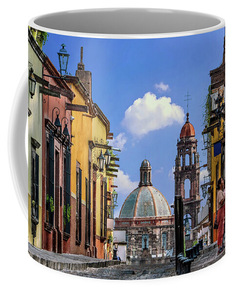 San Miguel Coffee Mug featuring the photograph San Miguel Church Street by David Meznarich