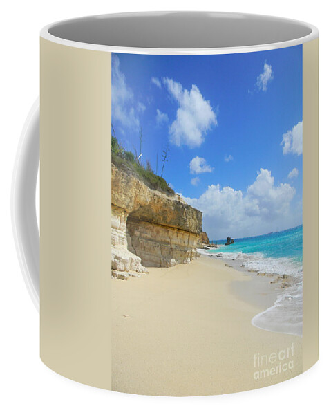 Bright Blue Sky With Small White Puffy Clouds Coffee Mug featuring the photograph Sand Sea and sky by Priscilla Batzell Expressionist Art Studio Gallery