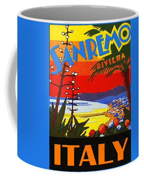 Sanremo Riviera Coffee Mug featuring the painting Sanremo riviera, Italy, vintage travel poster by Long Shot