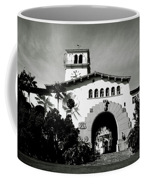 Santa Barbara Coffee Mug featuring the mixed media Santa Barbara Courthouse Black And White-by Linda Woods by Linda Woods
