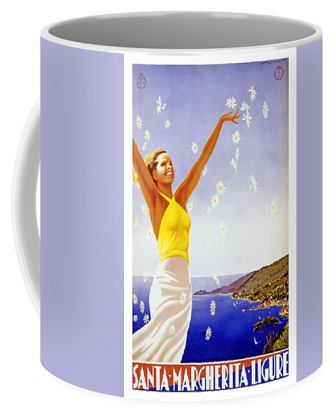 Santa Coffee Mug featuring the mixed media Santa Margherita Ligure - Woman Throwing Daisies In The Air - Retro travel Poster - Vintage Poster by Studio Grafiikka
