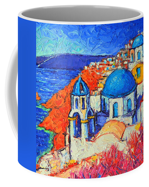Santorini Coffee Mug featuring the painting SANTORINI OIA COLORS modern impressionism palette knife impasto oil painting Ana Maria Edulescu by Ana Maria Edulescu
