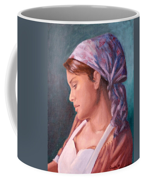Maid Coffee Mug featuring the painting Sarah the Kitchen Maid after Johnnie Liliedahl by Quwatha Valentine