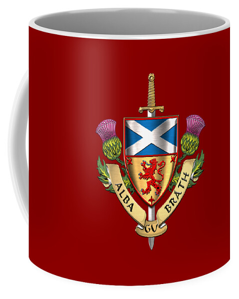 “world Heraldry” Collection Serge Averbukh Coffee Mug featuring the digital art Scotland Forever - Alba Gu Brath - Symbols of Scotland over Red Velvet by Serge Averbukh