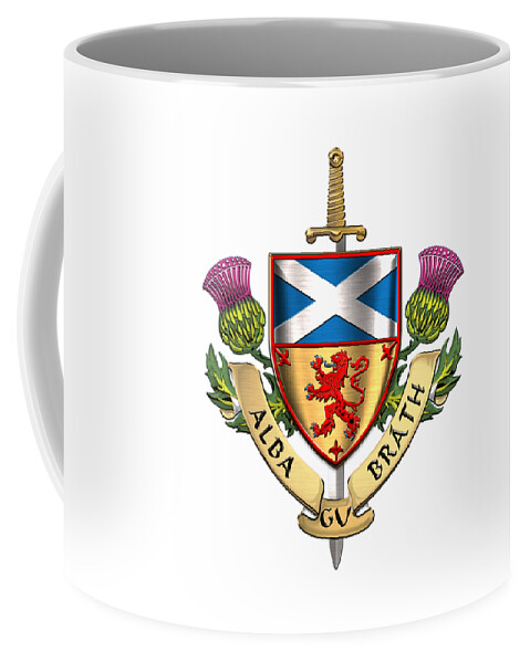 “world Heraldry” Collection Serge Averbukh Coffee Mug featuring the digital art Scotland Forever - Alba Gu Brath - Symbols of Scotland over White Leather by Serge Averbukh