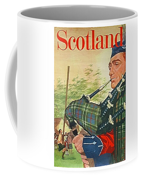 Scotland Coffee Mug featuring the painting Scotland,traditional man playing bagpipes,travel poster by Long Shot