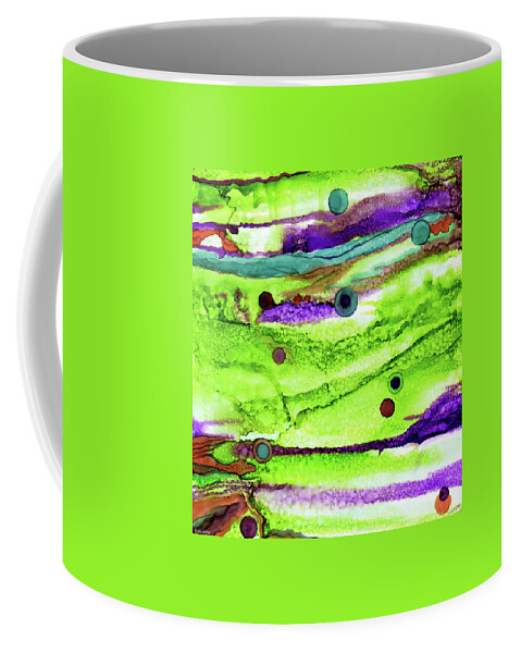 Abstract Lime Purple Bubbles Mystical Fantasy Vibrant Colorful Scotland Scottish Heather Thistle Coffee Mug featuring the painting Scottish Spring by Brenda Salamone