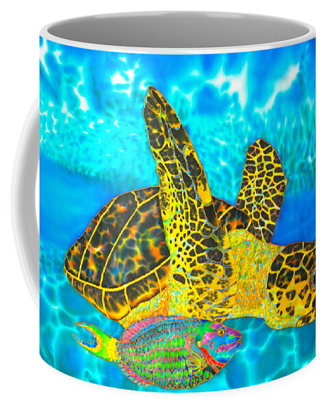 Turtle Coffee Mug featuring the painting Sea Turtle and Parrotfish by Daniel Jean-Baptiste