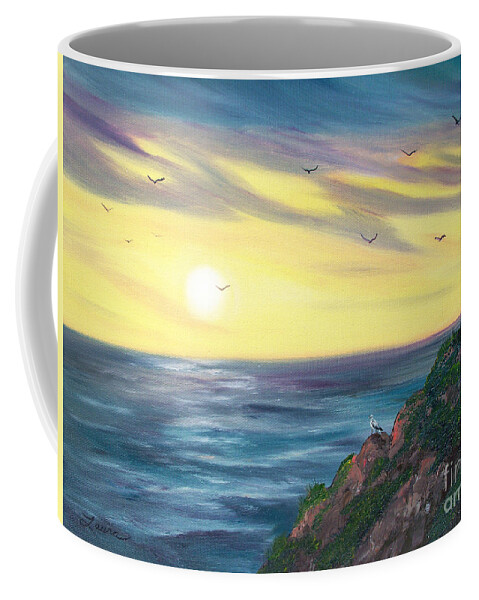 California Coffee Mug featuring the painting Seagulls at Sunset by Laura Iverson