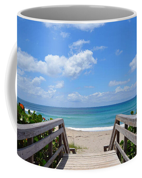 ricardo Creations Coffee Mug featuring the photograph Seascape Sunrise Morning Boardwalk Beach B1 by Ricardos Creations
