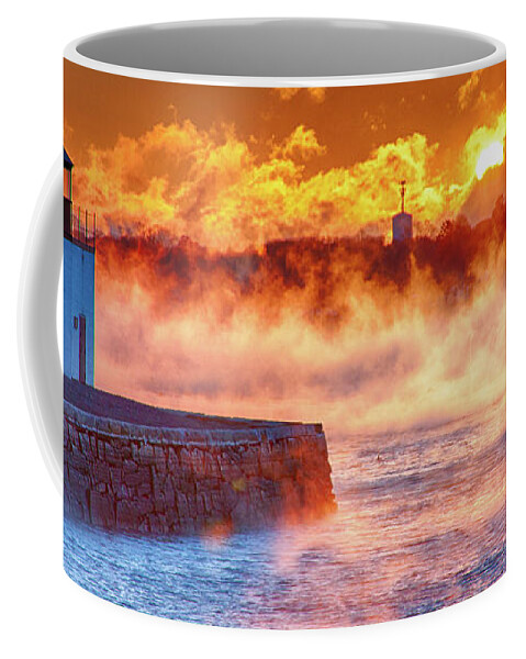Derby Wharf Salem Coffee Mug featuring the photograph Seasmoke at Salem Lighthouse by Jeff Folger