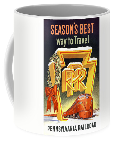 Pennsylvania Coffee Mug featuring the mixed media Season's Best Way To Travel, Pennsylvania Railroad - Retro travel Poster - Vintage Poster by Studio Grafiikka
