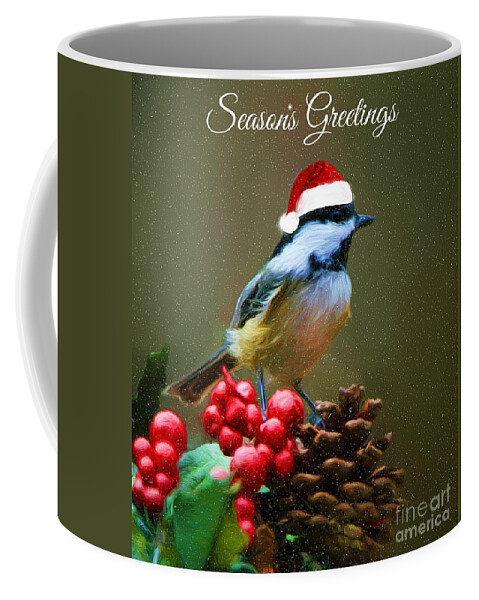 Seasons Greeting Card Coffee Mug featuring the photograph Seasons Greetings Chickadee by Tina LeCour