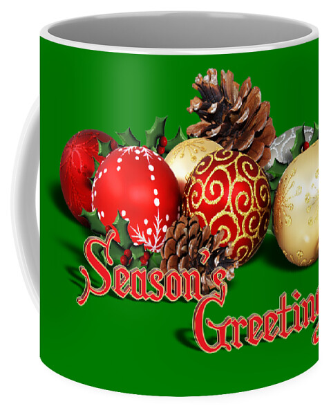 Seasons Greetings Coffee Mug featuring the digital art Seasons Greetings - Ornaments by Gravityx9 Designs