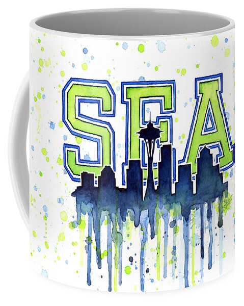 Watercolor Coffee Mug featuring the painting Seattle Watercolor 12th Man Art Painting Space Needle Go Seahawks by Olga Shvartsur