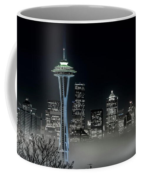 Seattle Coffee Mug featuring the photograph Seattle Foggy Night Lights in BW by Ken Stanback