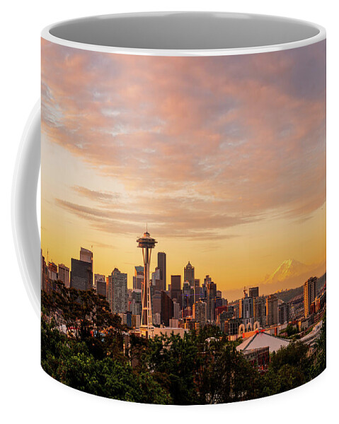 Sunrise; Landscape; Space Needle; Seattle; Kerry Park; Mount Rainier; Cloudy Coffee Mug featuring the digital art Seattle Sunrise by Michael Lee