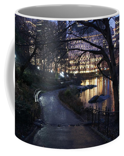 Bright Lights In Misty Air Coffee Mug featuring the photograph Serene path near the pond by Elena Perelman