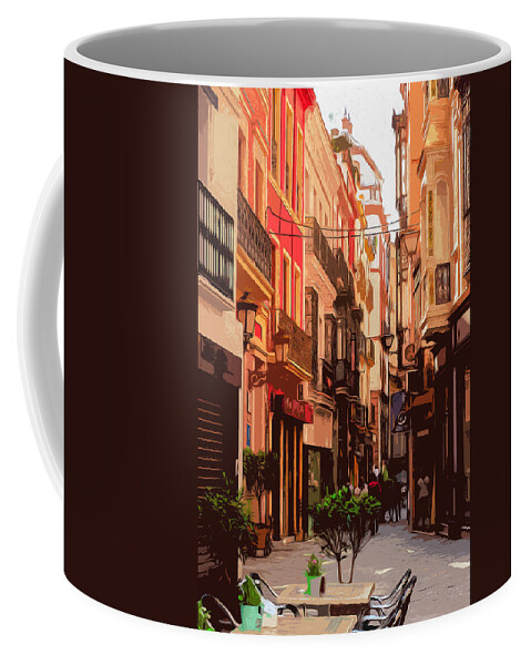 Sevilla Coffee Mug featuring the painting Seville, the colorful streets of Spain - 02 by AM FineArtPrints
