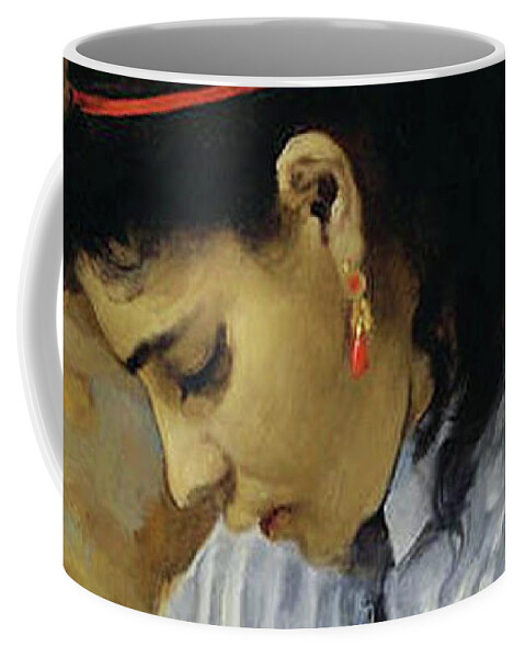 Sewing Coffee Mug featuring the mixed media Sewing Vintage Girl Simpler Times by Pierre Auguste Renoir