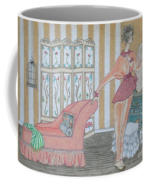 Shabby Chic Coffee Mug featuring the painting Shabby Chic -- Art Deco Interior w/ Fashion Figure by Jayne Somogy