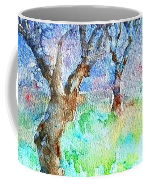 Watercolour Coffee Mug featuring the painting Sunlight and Shadows in the Olive Grove, by Trudi Doyle