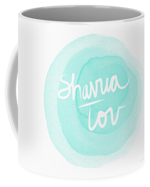 Shavua Tov Coffee Mug featuring the painting Shavua Tov Blue and White- Art by Linda Woods by Linda Woods