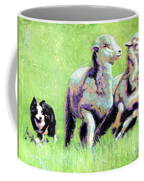 Sheep Coffee Mug featuring the painting Sheep and Dog by Steve Gamba