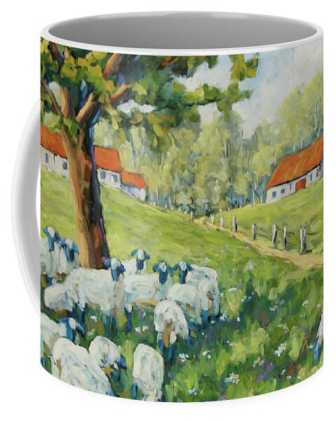 20x 20 X 1.5 Oil On Canvas Coffee Mug featuring the painting Sheep Huddled under the tree Farm Scene by Richard T Pranke