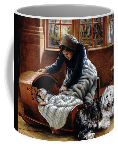 Sheepdog With Baby Coffee Mug featuring the painting Sheepdog Guard by Marie Witte