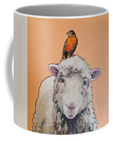 Sheep And Bird Coffee Mug featuring the painting Shelley the Sheep by Sharon Cromwell