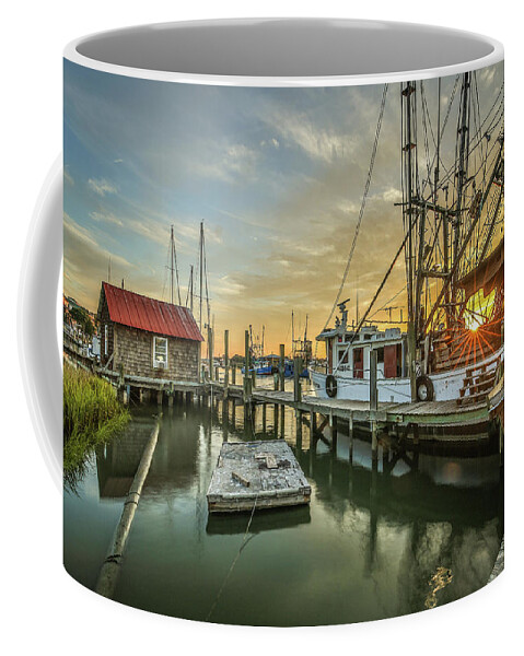 Shem Creek Coffee Mug featuring the photograph Shem Creek Boathouse and Shrimp Boat by Donnie Whitaker