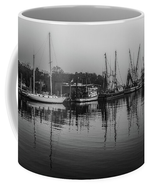 Shem Creek Coffee Mug featuring the photograph Shem Creek Shrimp Boats Black and White by Donnie Whitaker