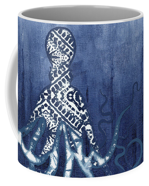 Octopus Coffee Mug featuring the painting Shibori Blue 2 - Patterned Octopus over Indigo Ombre Wash by Audrey Jeanne Roberts