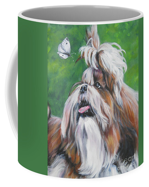 Shih Tzu Coffee Mug featuring the painting Shih Tzu and butterfly by Lee Ann Shepard