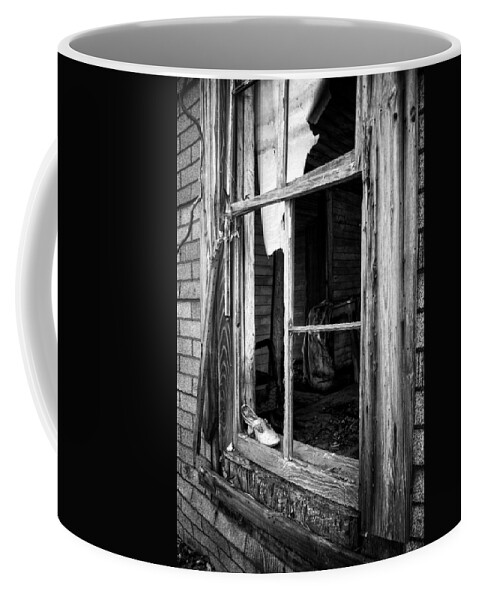 Shoe Coffee Mug featuring the photograph Shoe In Window In Black and White by Greg and Chrystal Mimbs
