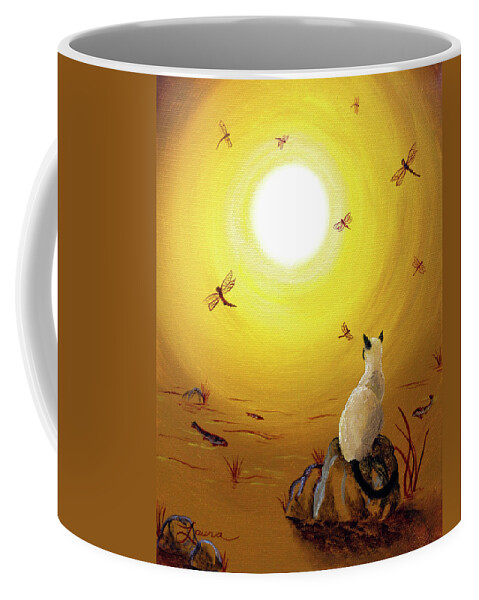 Siamese Cat Coffee Mug featuring the painting Siamese Cat with Red Dragonflies by Laura Iverson