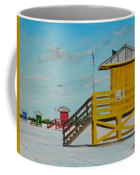 Art Coffee Mug featuring the painting Siesta Key Lifeguard Stands by Lloyd Dobson