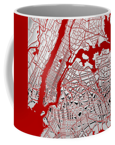 'nyc ' Collection By Serge Averbukh Coffee Mug featuring the digital art Silver Cities - Silver City Map New York on Red by Serge Averbukh