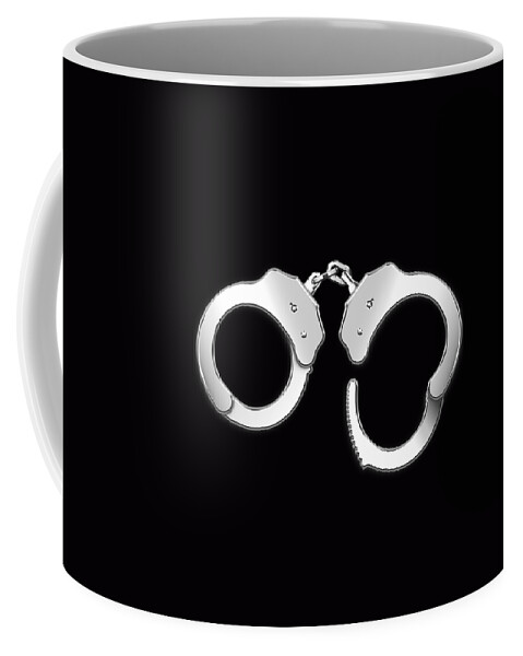 'tools Of The Trade' Collection By Serge Averbukh Coffee Mug featuring the digital art Silver Handcuffs on Black Background by Serge Averbukh