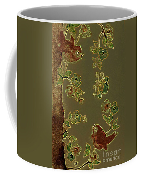 Two Little Brown Sparrows Coffee Mug featuring the painting Singing Our Hearts Out by Hazel Holland
